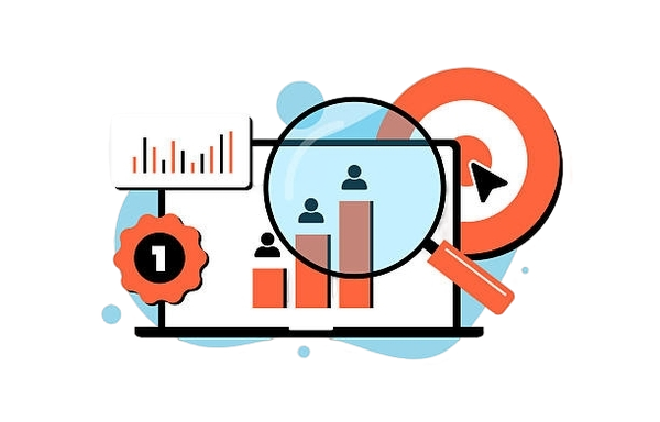Illustration of a laptop displaying a bar chart with people icons, a magnifying glass, a target, and a number one badge.