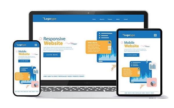 A laptop, tablet, and smartphone display the same website, illustrating responsive web design. The website features blue, orange, and white colors with charts and text blocks visible on each device’s screen.